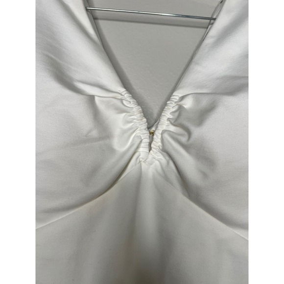 GUESS White V Neck Ruched Front Puff Sleeve Bodycon Mini Dress Size 6 - Picture 4 of 9